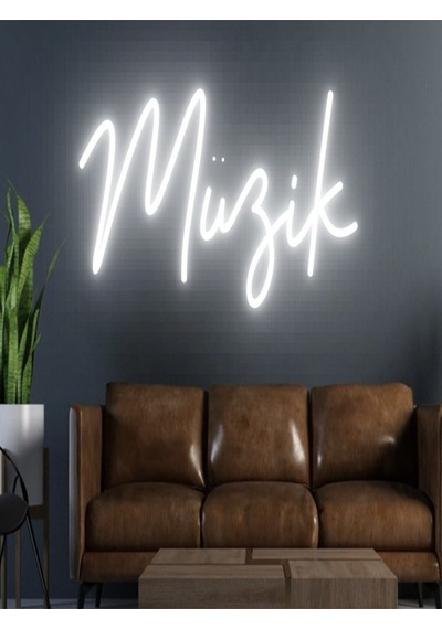 Müzik Yazılı Neon Tabela Beyaz