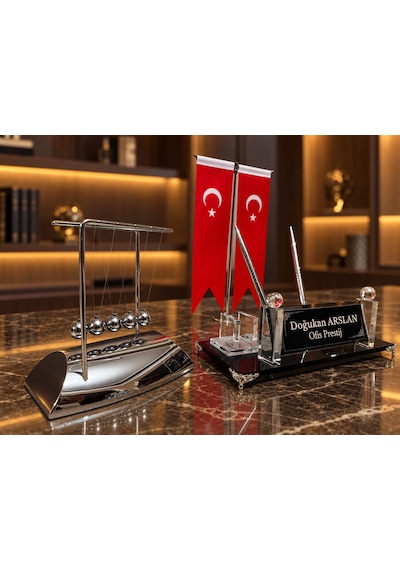Velora 3 Parça Kristal Ofis Seti Kişiye Özel İsimlik Türk Bayraklı Gümüş Newton Topu Siyah - Gri