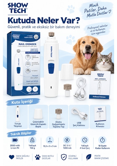 Showtech Kablosuz Köpek Ve Kedi Tırnak Törpüsü - Yedek Başlıklı