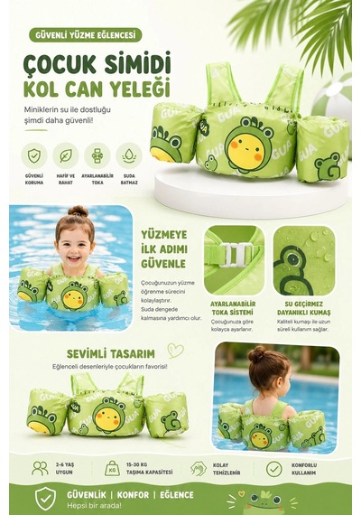 Toyflyer Kurbağa Desenli Kolluklu Çocuk Yüzme Yeleği Gövde Destekli 2-6 Yaş 15-30 Kg Fl006