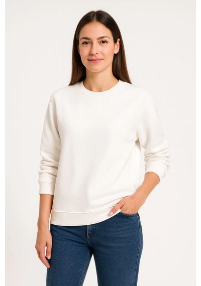 Mbb E-ticaret Kadın 3 İplik Pamuklu Düz Bisiklet Yaka Sweatshirt - Beyaz
