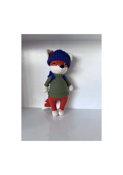 El Yapımı Amigurumi Tilki Oyuncak - Bereli Sırt Çantalı Örgü Peluş - 34 Cm Turuncu