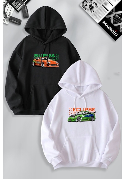 Macklin Arkadaş Çift Kombin Hızlı Ve Öfkeli Eclipse & Supra Baskılı Kapüşonlu Sweatshirt 2li Set Takım Siyah Beyaz Mck1280 Çok Renkli