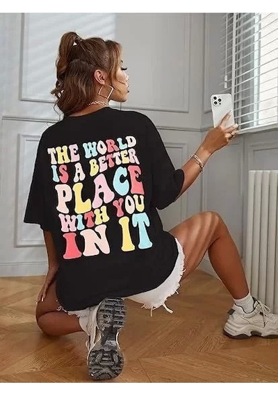 Kadın Bisiklet Yaka Baskılı T-shirt - Siyah Siyah
