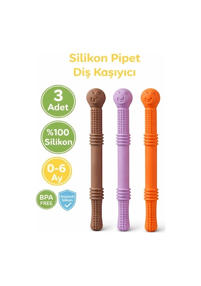 Bebek Diş Kaşıyıcıs Silikon Pipet & Diş Kaşıyıcı Set 3 Lü Kahverengi, Lila & Turuncu Dişlik Çiğneme Tüpü Pipet Yeşil - Sarı