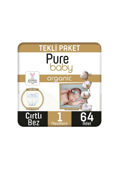 Pure Baby Organik Pamuklu Cırtlı Bez Tekli Paket 1 Numara Yenidogan 64 Adet