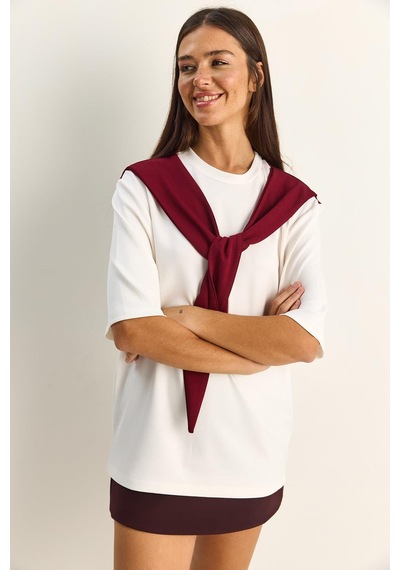 Shade Kadın Şal Detaylı Oversize Basic T-shirt 1094 60286118 - Beyaz-bordo Çok Renkli