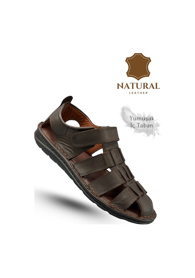 Sermoda %100 Hakiki Deri Burnu Kapalı Erkek Sandalet Kahve