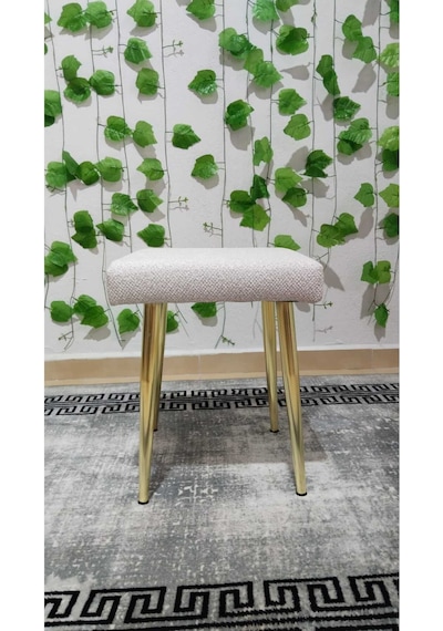 Özcan Metal Gold Metal Ayak Teddy Kumaş Dekoratif Çok Amaçlı Peluş Puf Tabure Bench Koltuk Sandalye Bej