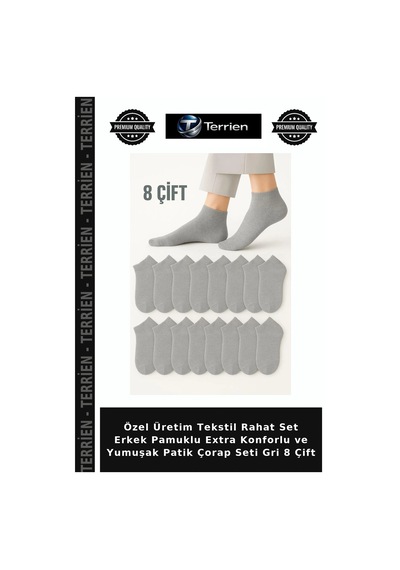 Terrien Özel Üretim Tekstil Rahat Set Erkek Pamuklu Extra Konforlu Ve Yumuşak Patik Çorap Seti Gri 8 Çift