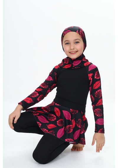 My Kids Wear Üç Parça Kız Çocuk Haşema, Tesettür, Etekli, Kapalı Mayo Mint Yeşili - Pembe