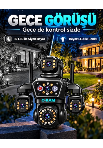 O-kam Ok-251 12mp 4 Kameralı Wifi Gece Görüş Çift Yönlü Ses Uzaktan İzleme Kişi Takibi Türkçe Akıllı Güvenlik Kamerası