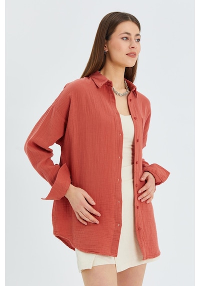 Mixray 3833 Kadın Oversize Cepli Müslin Gömlek Kiremit