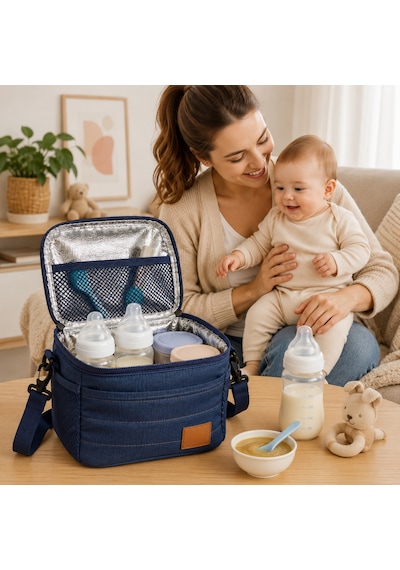 Bebek Termal Mama Çantası Çift Saplı El & Omuz - Çoklu File Cep-343 Lacivert
