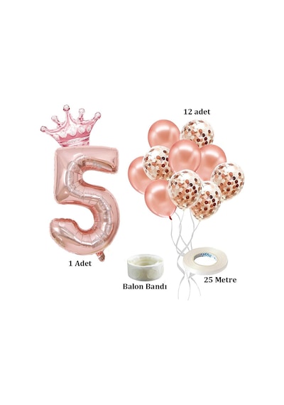 5 Rakam Rose Gold Folyo Balon, Kral Tacı Ve Konfetili Rose Gold Balon