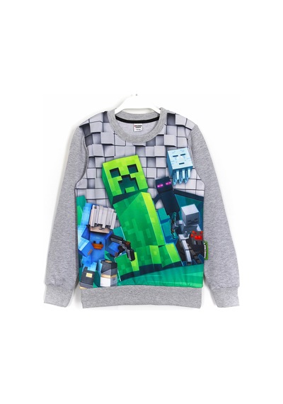 Minecraft Creeper Baskılı Çocuk Sweatshirt 5 - 14 Yaş Gri