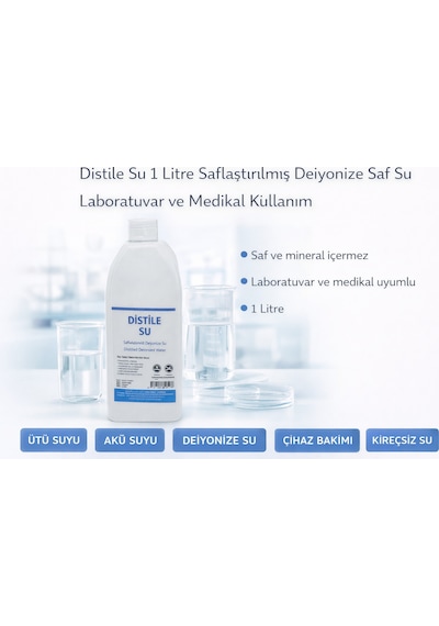 Distile Su 1 Litre Saflaştırılmış Deiyonize Saf Su Laboratuvar Ve Medikal Kullanım 1 Adet