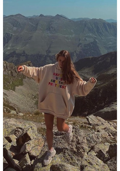 Bej Renkli Nakışlı Bisiklet Yaka Sweatshirt Mg1574
