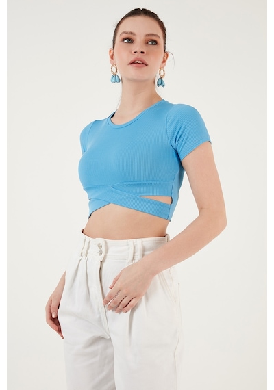 Lela Fitilli Bel Detaylı Kısa Kollu Dar Kesim Crop Bayan Bluz 5864211 Bebe Mavi