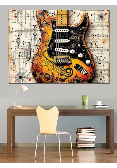 Müzik Notalı Renkli Gitar Dekoratif Kanvas - Mdf Ahşap Tablo