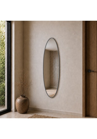 Modern Oval Boy Aynası 40x120 Cm İnce Çerçeveli Minimalist Dekoratif Duvar Aynası Gri