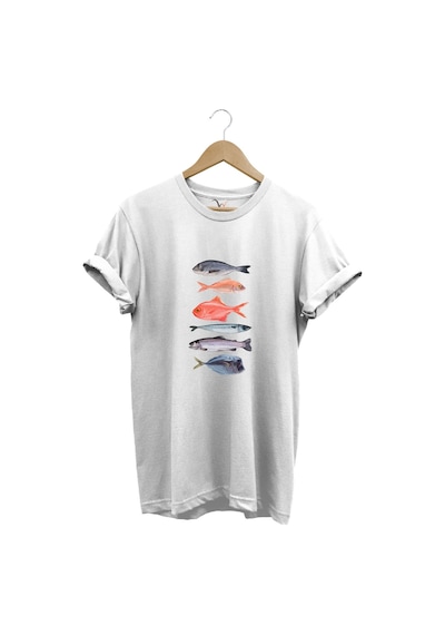 Fishing Balıkçılık Baskılı Renkli Çeşitli Balık Tasarım %100 Pamuk Regular Fit Bisiklet Yaka T-shirt Beyaz