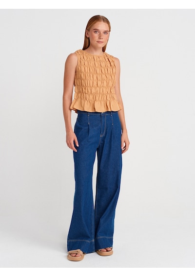 Dilvin 50845 Kolsuz Crop Bluz-bej Bej