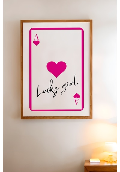 Lucky Girl Oyun Kartı Doğal Ahşap Çerçeveli Poster, Dekoratif Pembe Duvar Tablosu