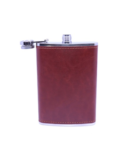 Kahverengi Deri Kaplama Paslanmaz Çelik Cep Matarası - Hip Flask 9 Oz