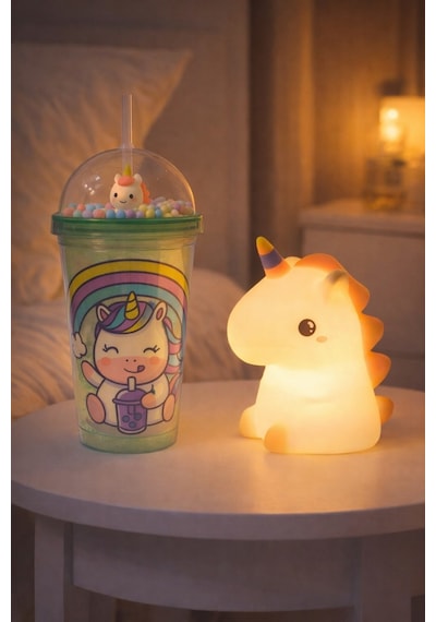 2'li Set Işıklı Renkli Unicorn Figürlü Gece Lambası & Pipetli Boncuk Detylı Suluk Bardak Yeşil 450ml Set