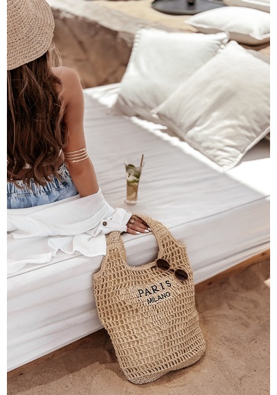 Çift Kalın Askılı Paris Milano Astırlı Fermuarlı İç Cepli Yazlık Tatil Plaj Büyük Boy Hasır Çanta Camel