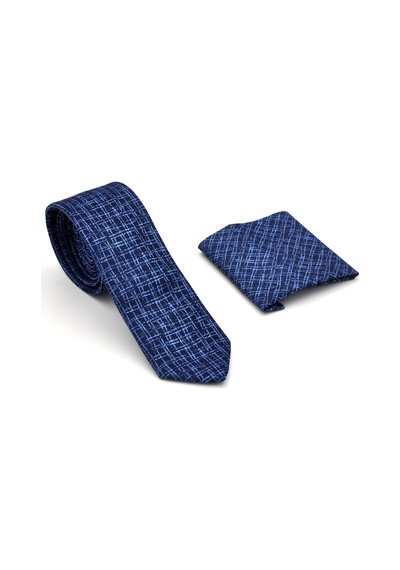 Gaffy Mavi Desenli Lacivert Dokuma Kumaş Mendilli Slim Fit Kravat // SDK-240110 Lacivert