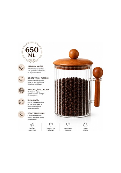 Tr 650 Ml Saklama Kavanozu Akasya Ahşap Kapaklı Kaşıklı Kahve Çay Şeker Saklama Kabı Diğer