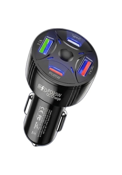 Super Şarj 4 Port Pd25w, Qc3.0, Araç Şarjı Çakmaklık, 2x Usb 2x Type-c, Çoklayıcı, 12-24v, 5v/6a Max,