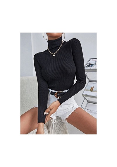 Hanclo Kadın Fitilli Balıkçı Yaka Slim Fit Triko Kazak Siyah