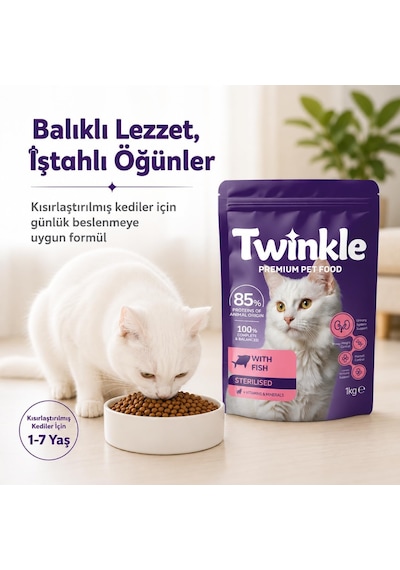Twinkle Kısırlaştırılmış Kedi Maması 1 Kg - Balıklı Sterilised Kedi Maması -%85 Hayvansal Protein - Tam Ve Dengeli Beslenme - Böbrek Ve Üriner Sistem Desteği