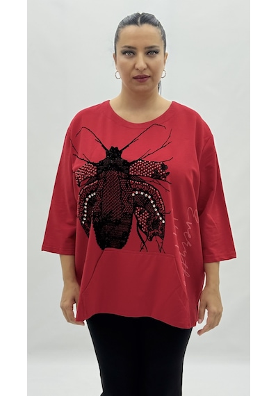 Büyük Beden Viskon Taşlı İnci Detaylı Kanguru Cepli Kapri Kol Oversize Kadın Sweat Kırmızı Büyük Beden Viskon Taşlı İnci Detaylı Kanguru Cepli Kapri Kol Oversize Kadın Sweat Kırmızı