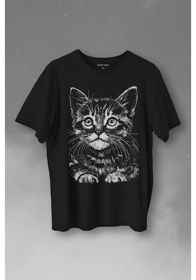 Siyah Kedi Black Cat Çizim Baskılı Tişört Unisex T-shirt 001