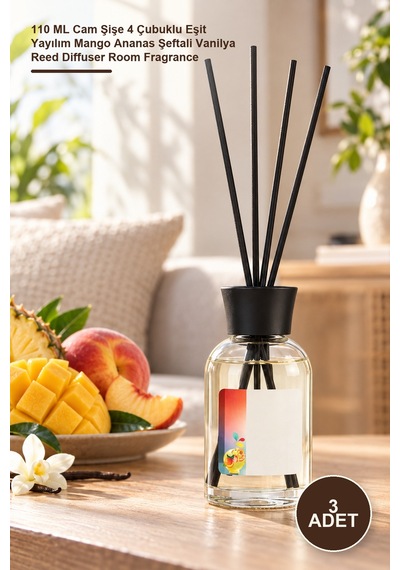 3 Adet Fruit Cascade Bambu Çubuklu Oda Kokusu 110 Ml Cam Şişe 4 Çubuklu Eşit Yayılım Mango Ananas Şeftali Vanilya Reed Diffuser Room Fragrance Diğer