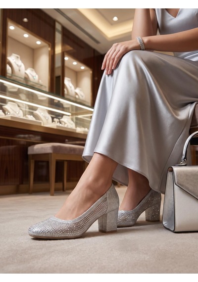 Nesilshoes Nesil Shoes Özma 970 Gümüş Topuklu Taşlı Kadın Ayakkabı GÜMÜŞ