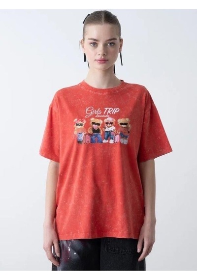 Zekids Kız Çocuk Ayıcık Baskılı Oversize T-shirt-15808 Kırmızı