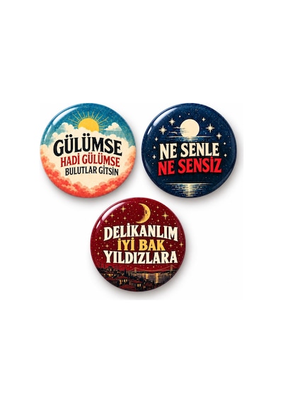 Gülümse Ay Ve Yıldızlar - 3 Lü 58mm Rozet Seti Çok Renkli
