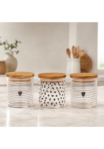 Tr 3'lü Heart Cam Kavanoz Seti 250 Ml, Bambu Kapaklı Kalp Desenli Cam Saklama Kabı, Kahve Şeker Baharat Kuruyemiş Genel