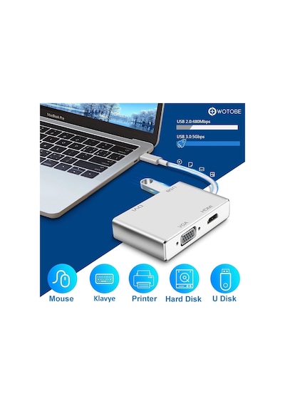 4'ü 1 Arada Apple Uyumlu MacBook Pc Projektör Hdtv Usb-c Usb Vga Dvı Hdmı Dönüştürücü Adaptör