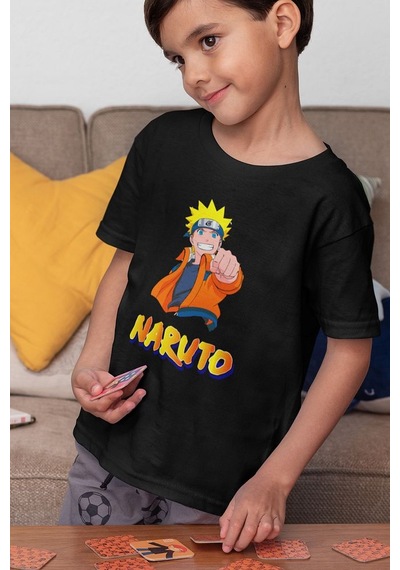 Sevbano Unisex Naruto Baskılı Anime Çizgi Film Çocuk Tişört 1-12 Yaş Siyah
