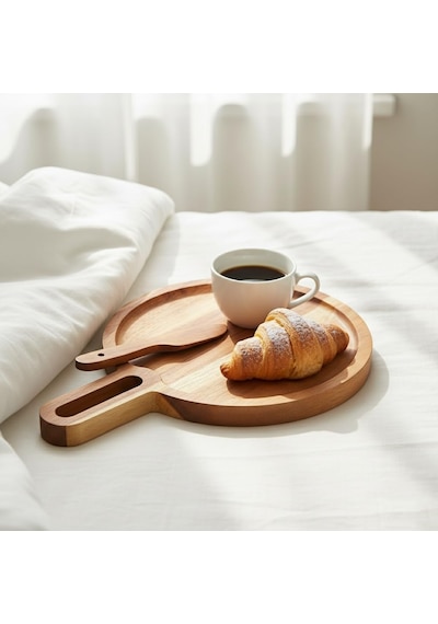 Doğal Akasya Yuvarlak Peynir Sunum Tahtası Ve Bıçak Seti 19 Cm Ahşap Servis Tepsisi, Yanında Özel Peynir Bıçağı İle 2 Parça Mini Set Çok Renkli