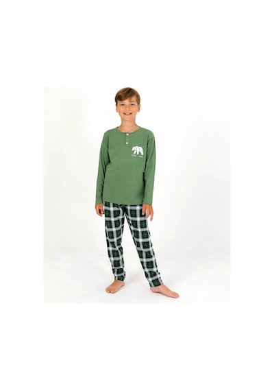 Vitmo Erkek Çocuk Uzun Kollu %100 Pamuklu Düğme Detaylı Pijama Takımı Everest Yeşil