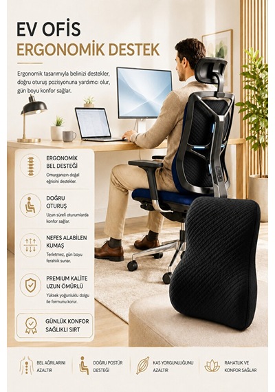 Ortopedik Visco Bel Ve Sırt Destek Minderi Ofis Koltuğu, Araç Ve Ev İçin Ergonomik Konfor Siyah