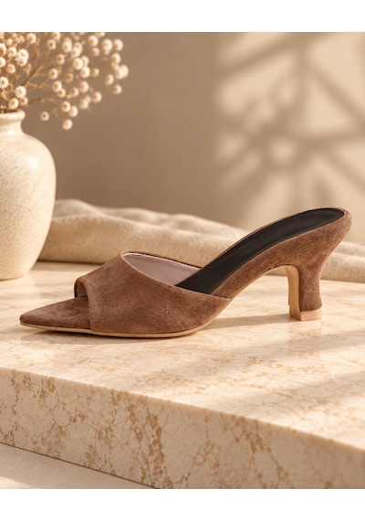 Yeo Leather Kahverengi Hakiki Süet Deri 6,5 Cm Topuklu Önü Açık Sivriburun Terlik El Yapımı Mule Sandalet
