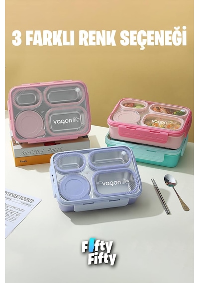 Vagonlife Lunch Box 950 ML Paslanmaz Çelik Tek Kat Dört Bölmeli Çorba Kaseli Metal Kaşıklı-fflbox7099